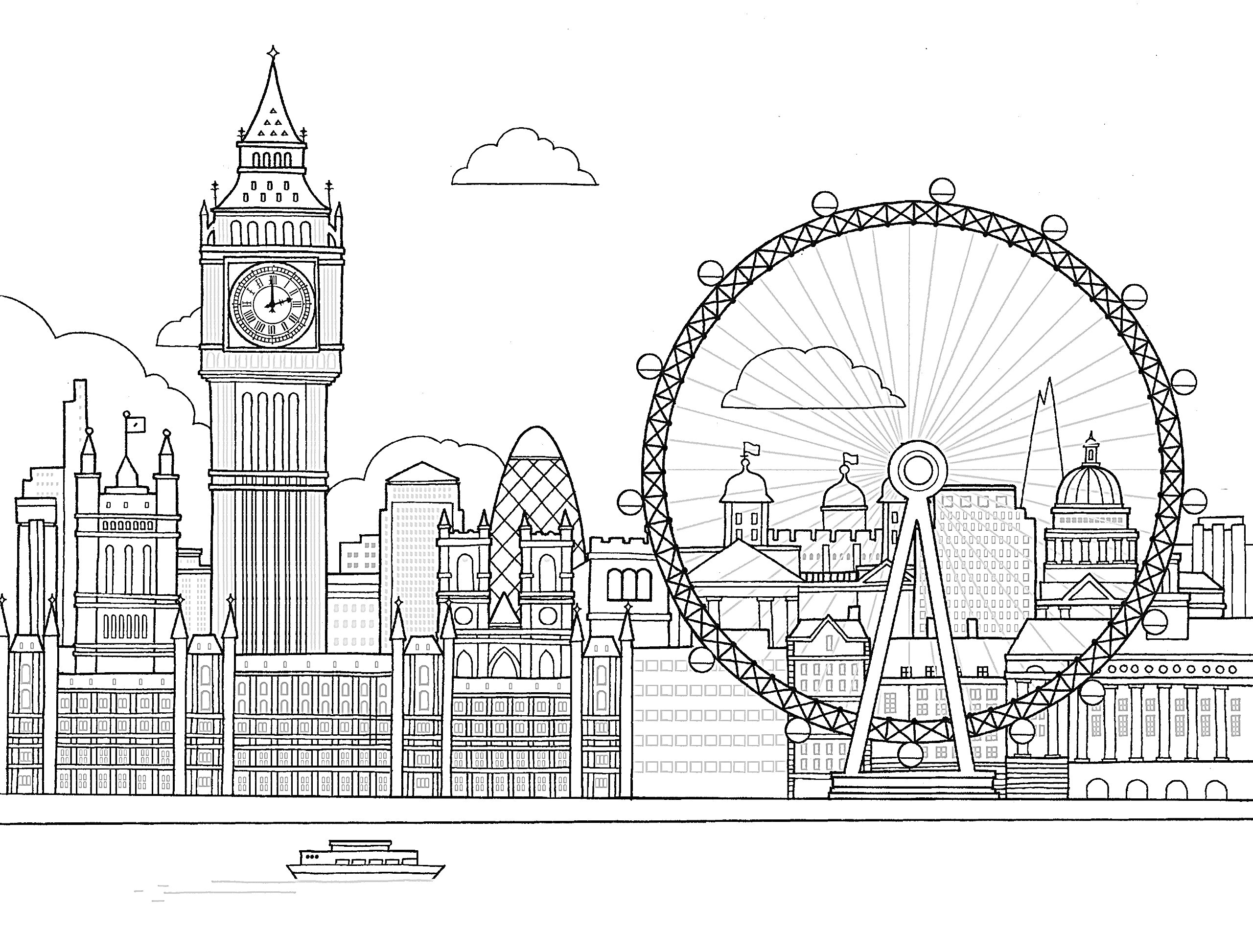 Лондонский пейзаж со зданиями Вестминстерского дворца, часовой башней (Биг Бен), колёсом обозрения (Лондонский глаз), небоскрёбами, рекой Темзой и лодкой