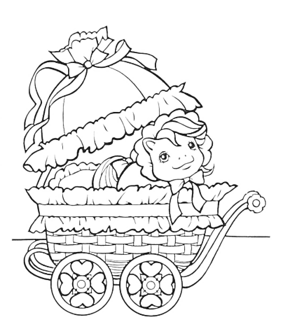 Раскраска Коляска с игрушкой в виде пони, декоративными элементами и кружевами
