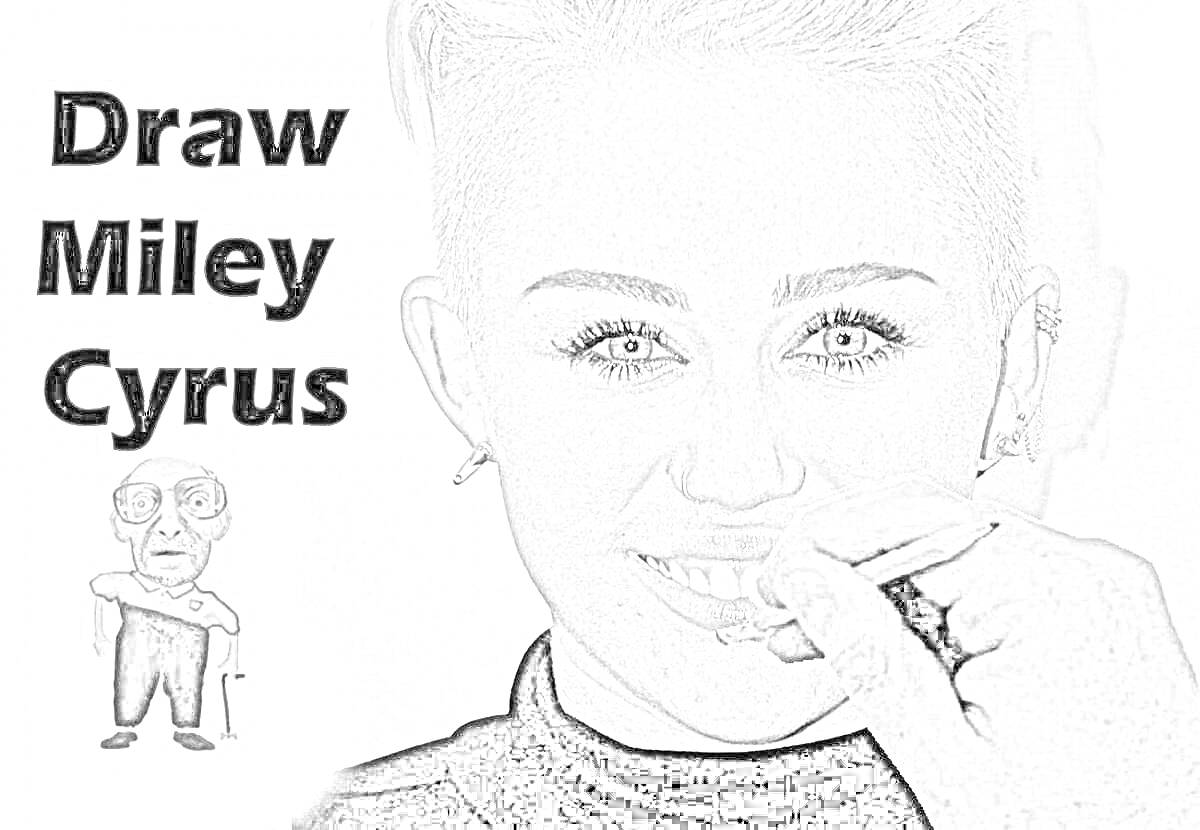 Следуй инструкции и раскрась Майли Сайрус, изображение с лицом Майли Сайрус, рука, держащая карандаш, и рисунок, изображающий пожилого человека с тростью