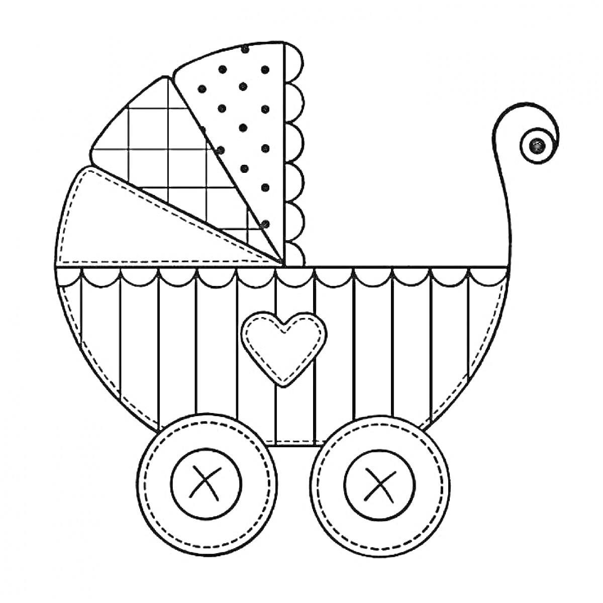 Раскраска Коляска с узорами: зонт с полосками и горошком, корзина с вертикальными полосами, сердечко, кнопки на колесах, завиток на ручке
