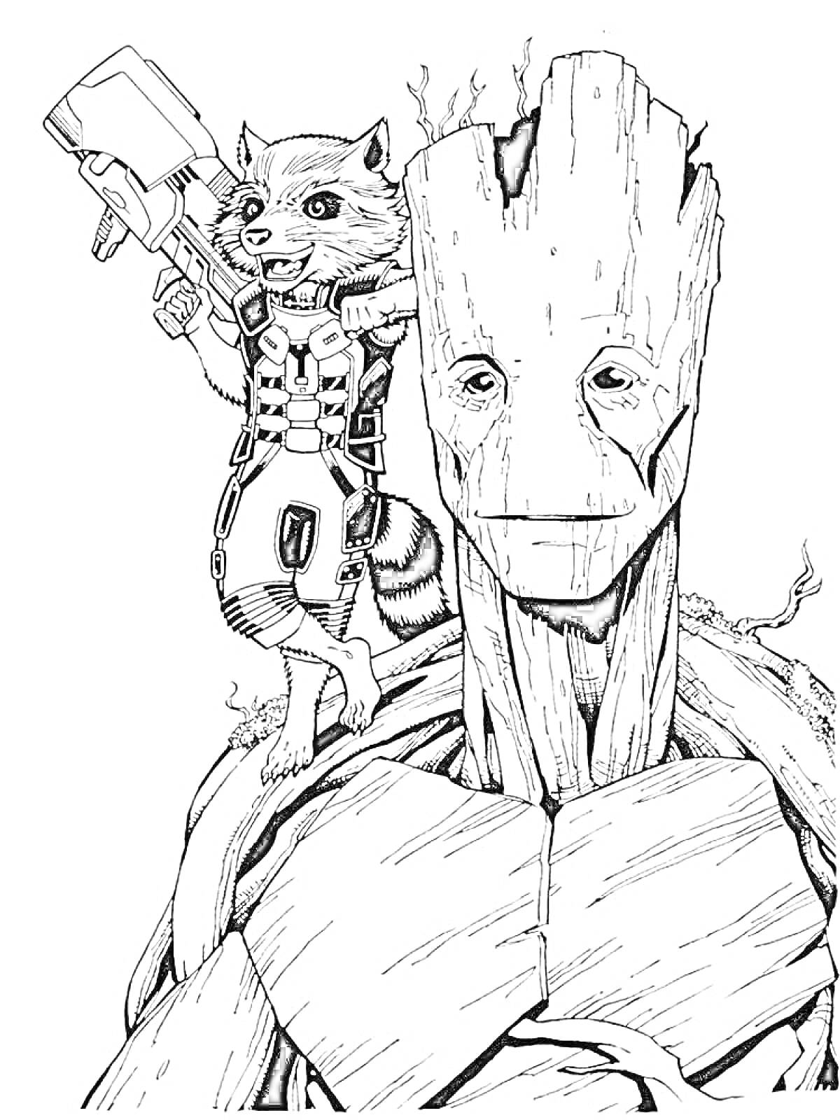 Раскраска Енот с оружием на плечах дерева-оборотня