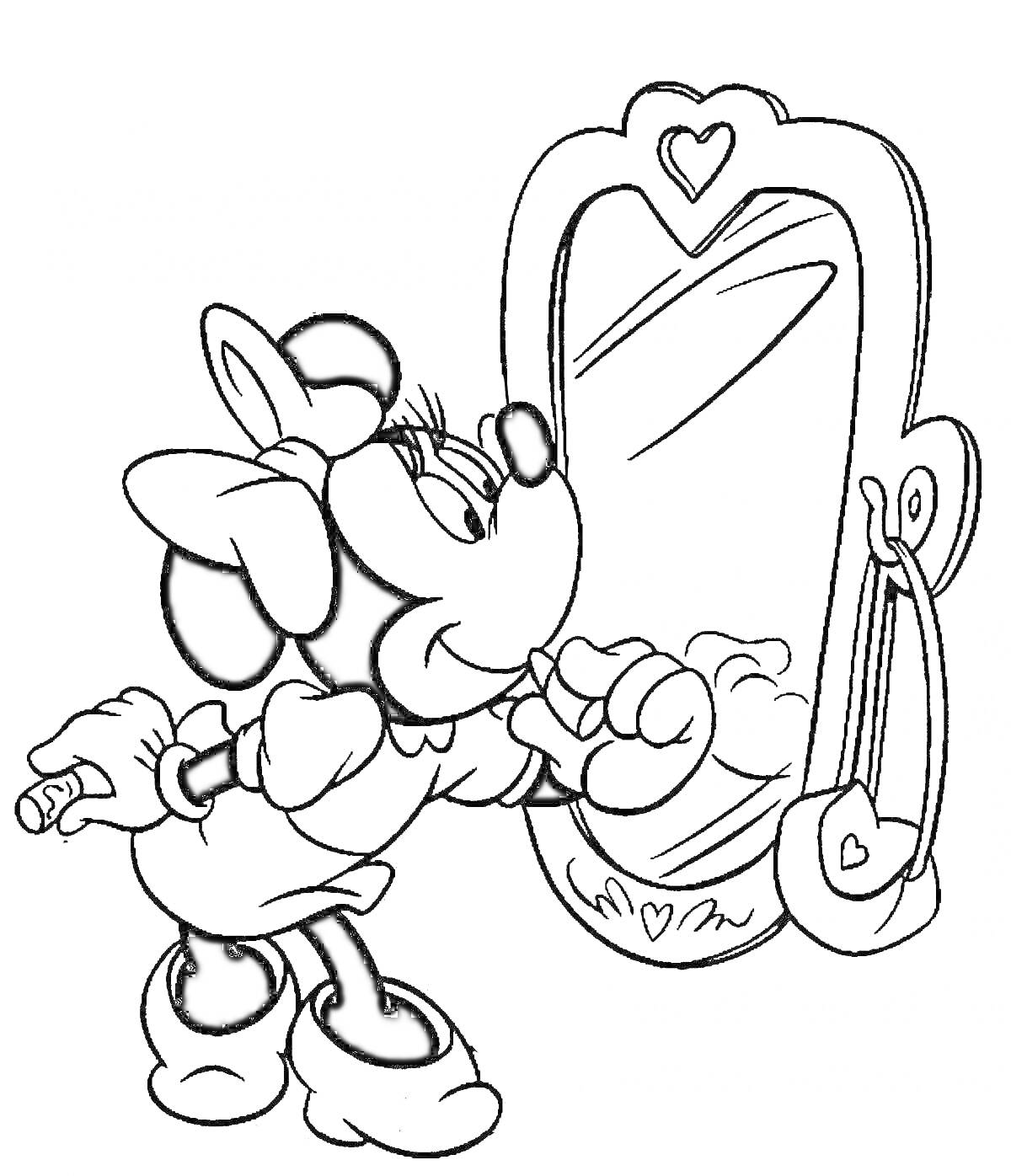 Раскраска Минни Маус перед зеркалом, украшенным сердцами, с сумочкой на крючке