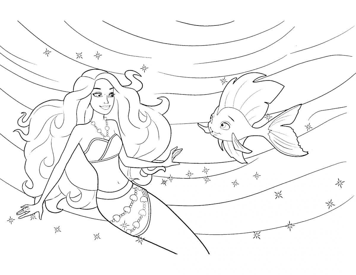 На раскраске изображено: Барби, Длинные волосы, Морские звезды, Волны, Подводный мир, Приключения, Фэнтези