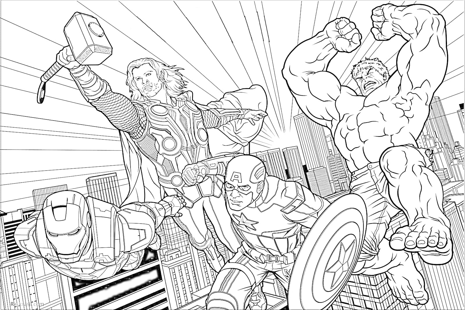 На раскраске изображено: Халк, Тор, Железный человек, Капитан америка, Супергерои, Комиксы, Марвел, Действие, Города