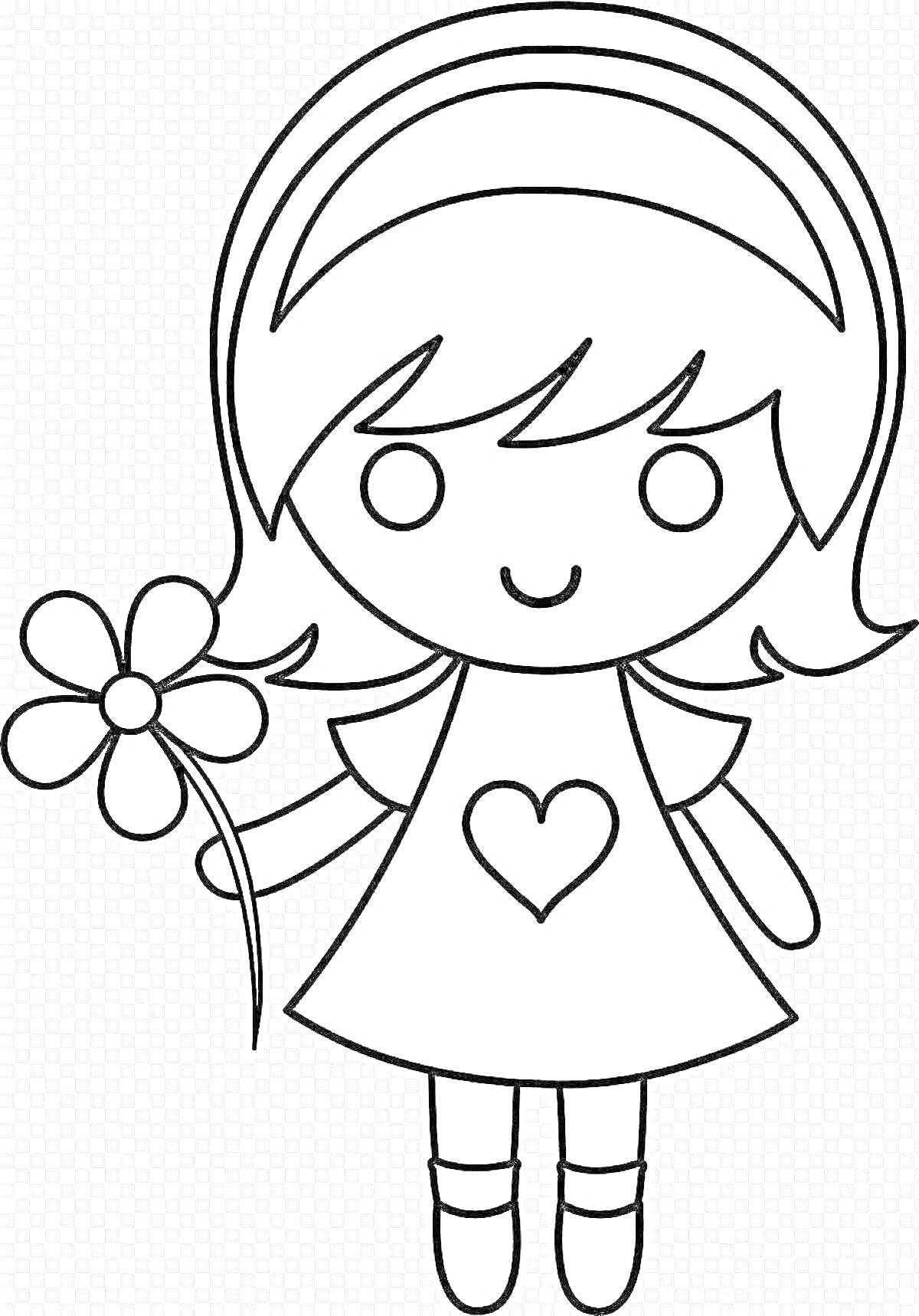 Раскраска Девочка с цветком и сердечком на платье
