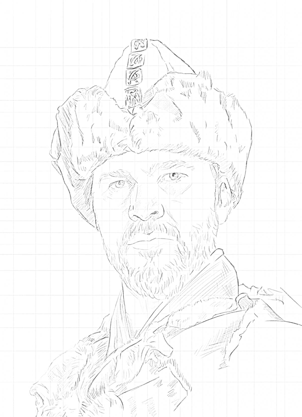 На раскраске изображено: Эртугрул, Меховая шапка, Лицо, Детали одежды, Сетчатый фон, Исторический персонаж