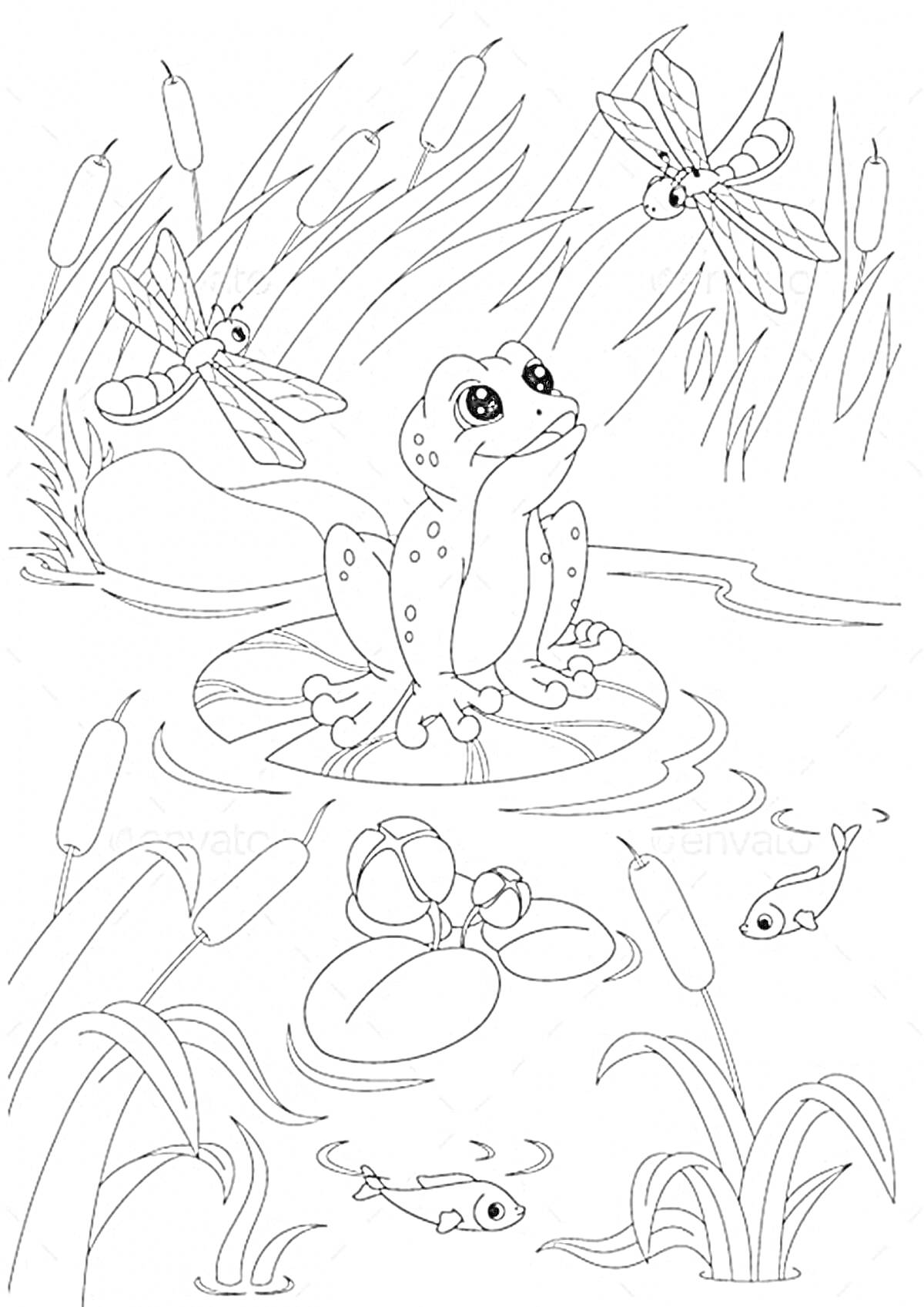 Раскраска Лягушка путешественница: лягушка, стрекозы, камыши, водяные лилии, рыбка, озеро
