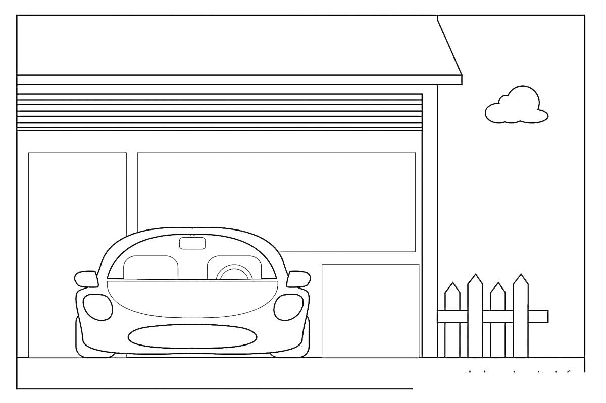 Раскраска Гараж с открытыми дверями, автомобилем, забором и облаком