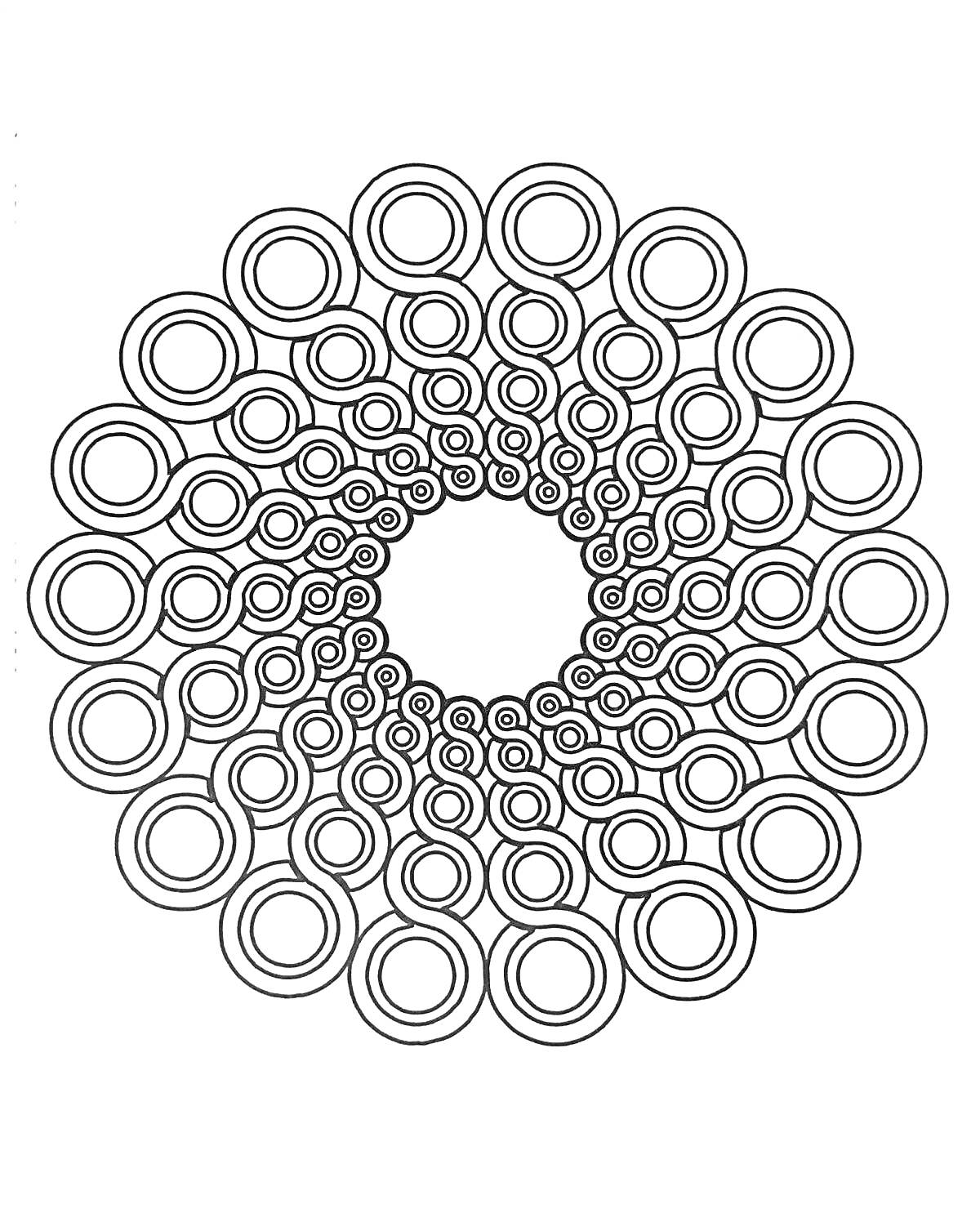 Раскраска Круговая спираль с кругами разного размера