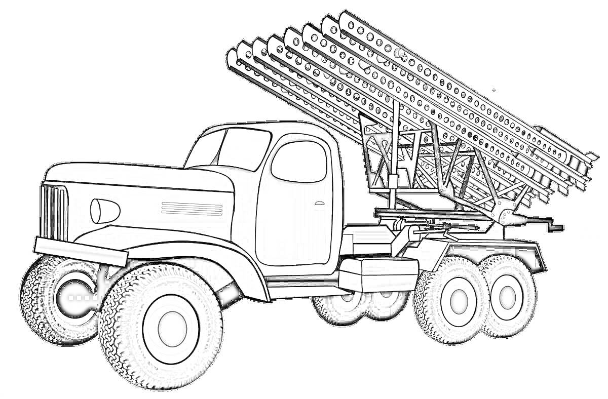 Раскраска Катюша с направляющими ракетами на шасси грузовика