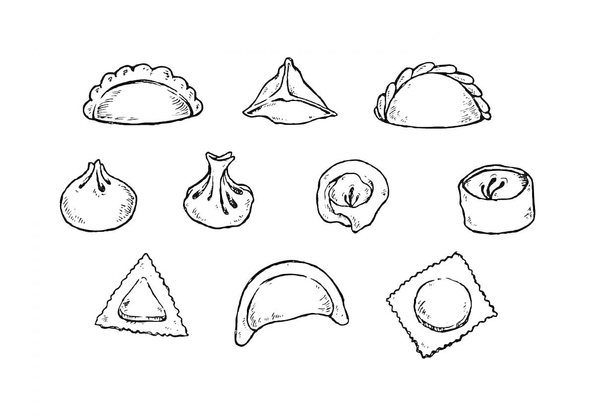 На раскраске изображено: Пельмени, Вареники, Еда, Различные формы, Кухня, Азиатская кухня