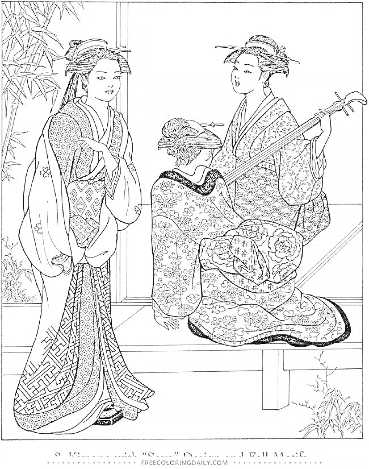 На раскраске изображено: Кимоно, Японская культура, Традиционная одежда, Сад, Бамбук, Искусство, Архитектура