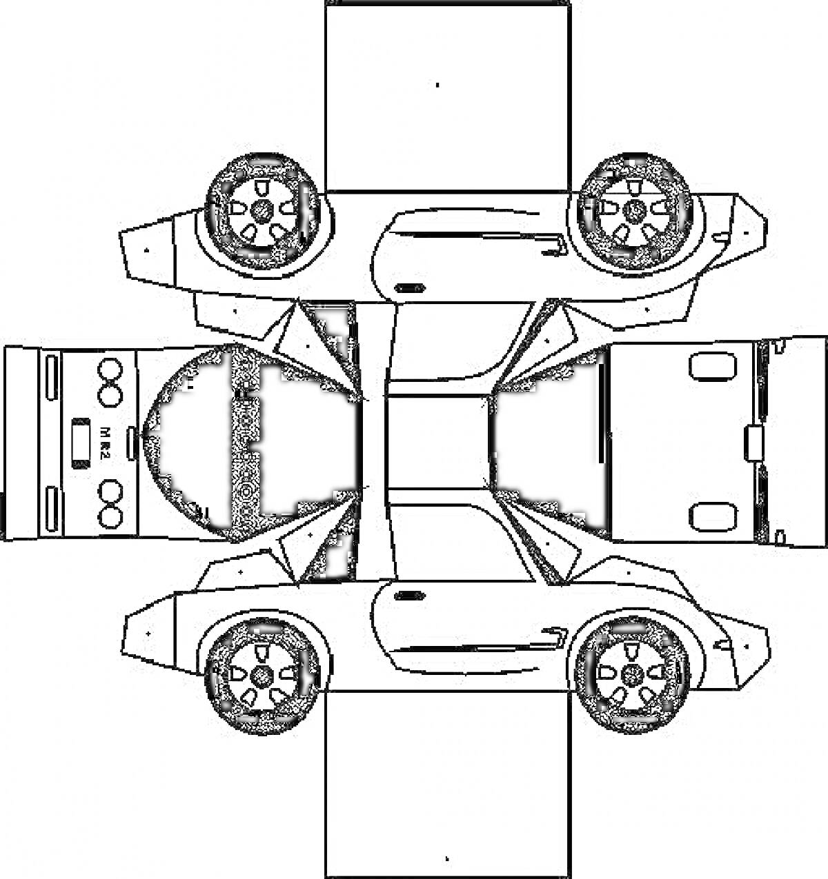 Раскраска Шаблон для сборки машинки из бумаги, вид сверху, имеются элементы кузова, колеса, капот, двери, и крыша.