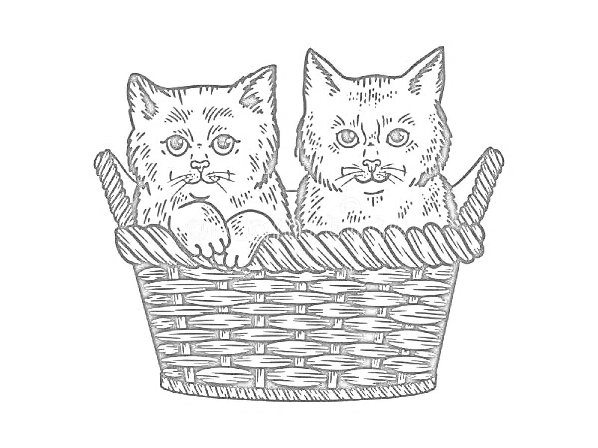 Раскраска Два котенка в плетеной корзинке.