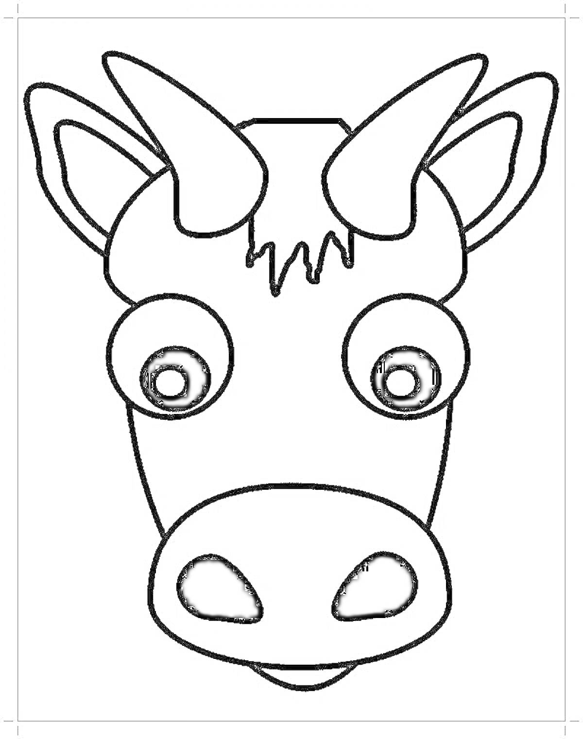 На раскраске изображено: Корова, Голова, Рога, Уши, Глаза, Контур