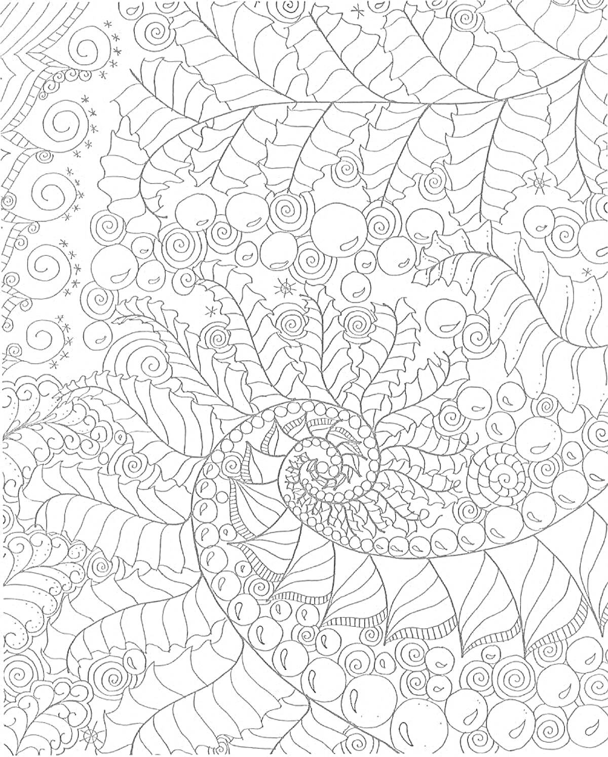 Раскраска Спираль с узорами и листьями