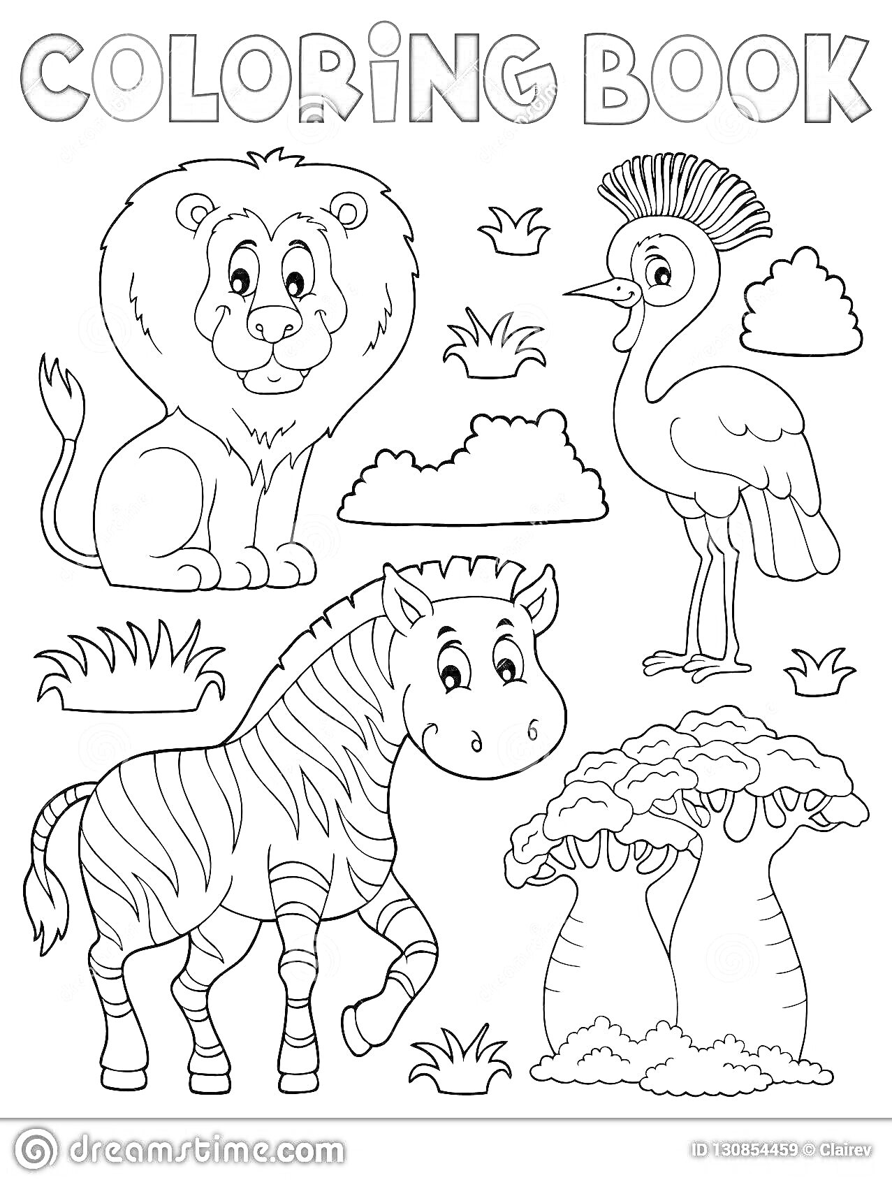 На раскраске изображено: Животные, Африка, Лев, Цапля, Деревья, Кусты, Зоопарк, Дикие животные