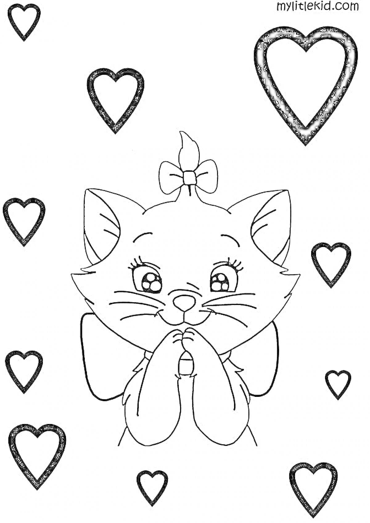 Раскраска котенок с бантом, держащий сердце, окруженный сердечками