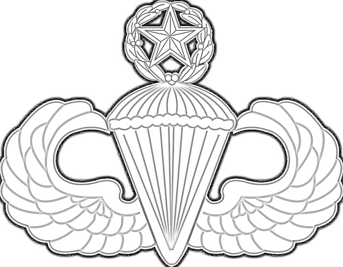 На раскраске изображено: ВДВ, Парашют, Крылья, Венок, Военная символика