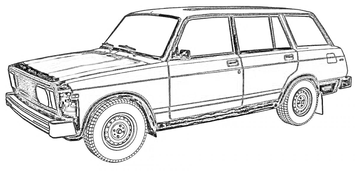 Раскраска Раскраска автомобиля ВАЗ 2104 с кузовом универсал, показывающая колеса, окна, двери и фары