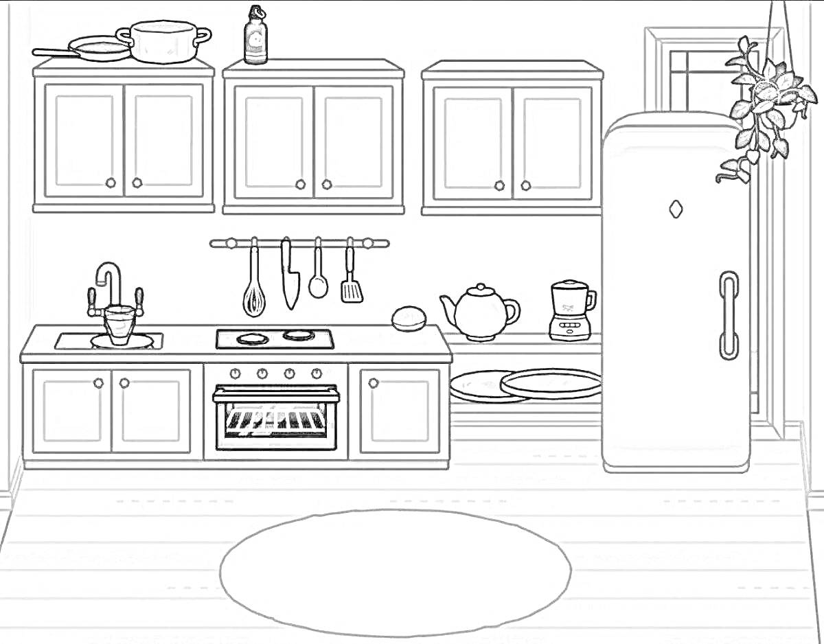 На раскраске изображено: Кухня, Мебель, Тока Бока, Плита, Духовка, Холодильник, Раковина, Посуда, Сковорода, Кухонные инструменты, Интерьер