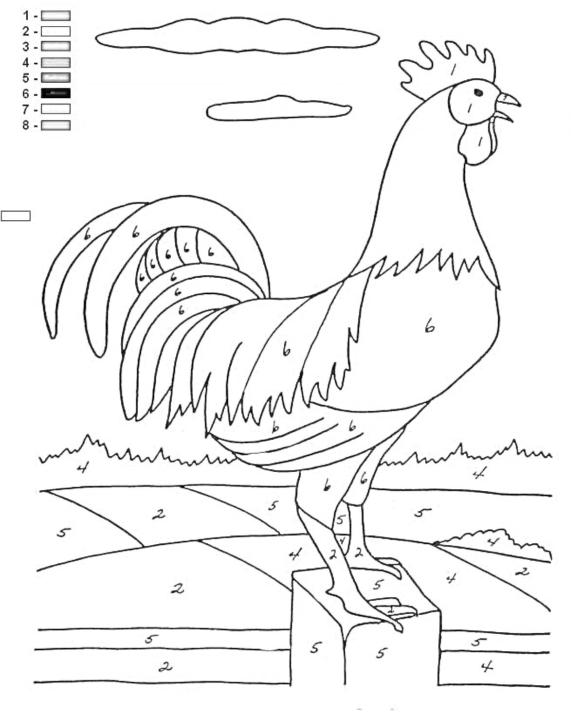 На раскраске изображено: Петух, По номерам, Пейзаж, Облака, Поля, Животные, Для детей