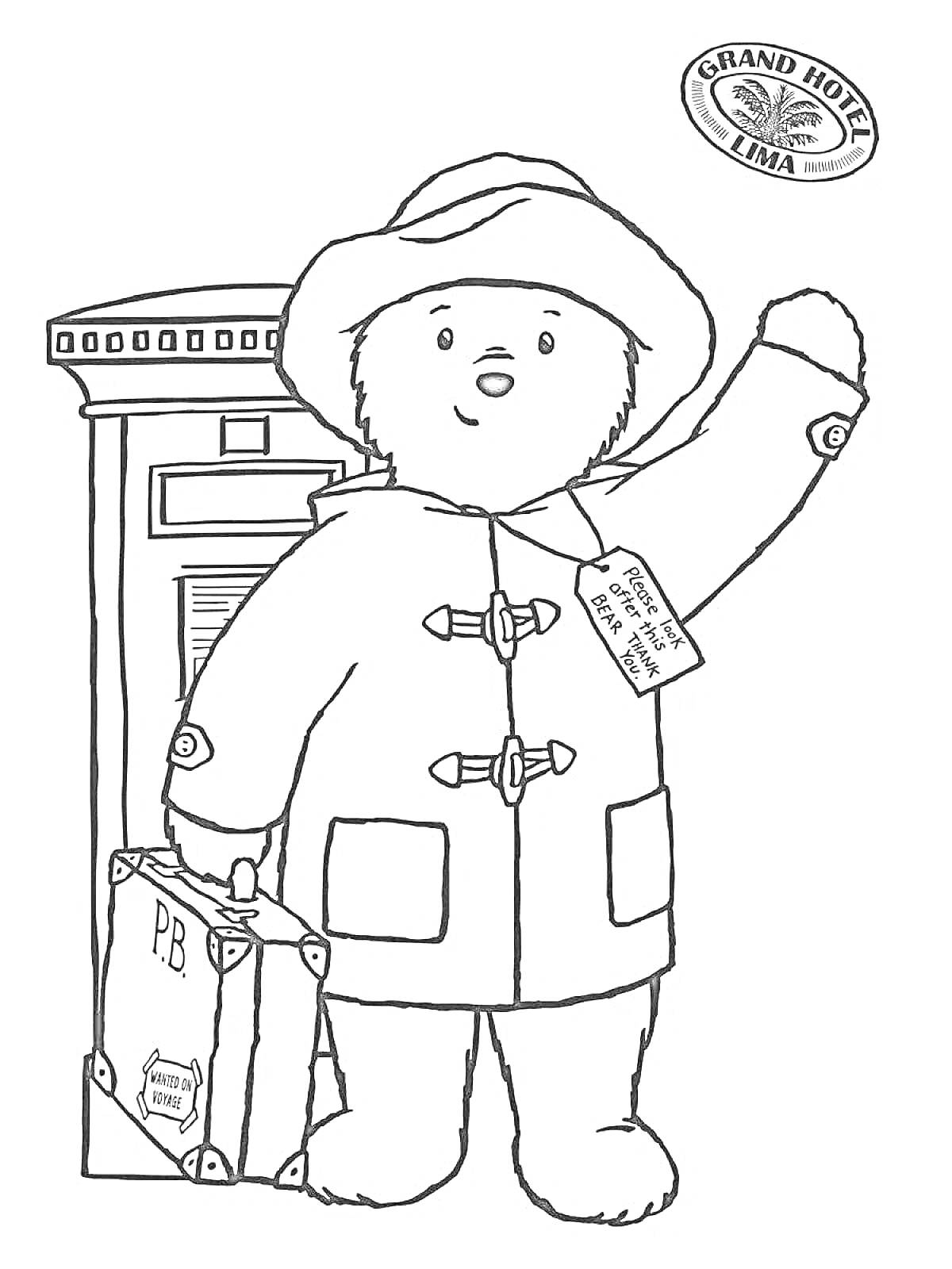 На раскраске изображено: Медведь, Пальто, Шляпа, Почтовый ящик, Табличка