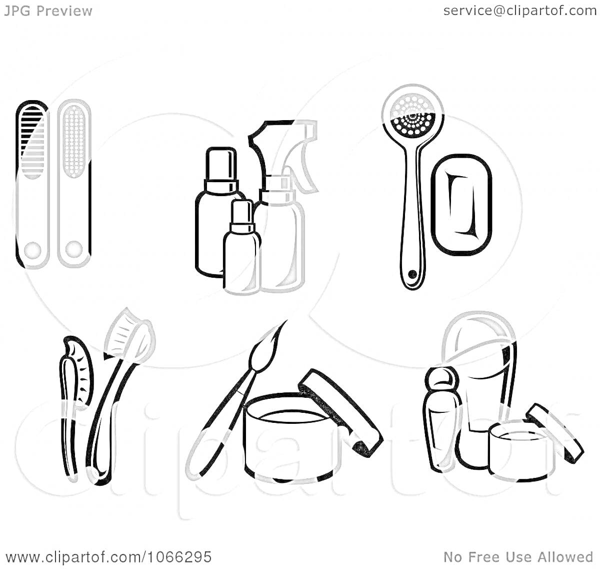 Раскраска: предметы личной гигиены (пилочка для ногтей, баночки со спреем, щетка и мыло, зубные щетки и паста, крем, тюбики и баночки с крышками)