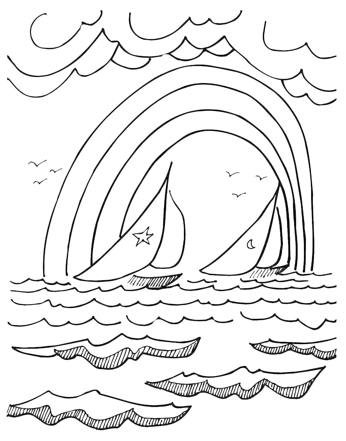 Раскраска парусники в море под радугой с облаками и птицами
