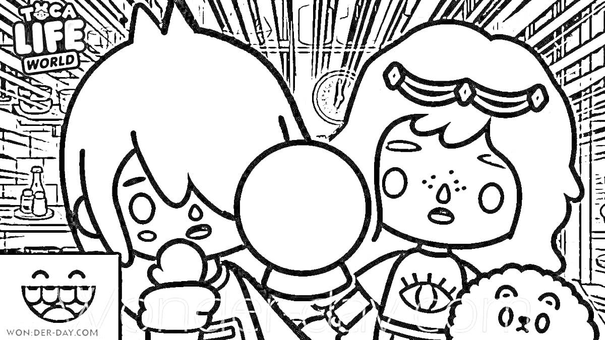Раскраска Два персонажа с шариковой головой, эскимо и домашним питомцем на заднем фоне магазина из игры Toca Life World