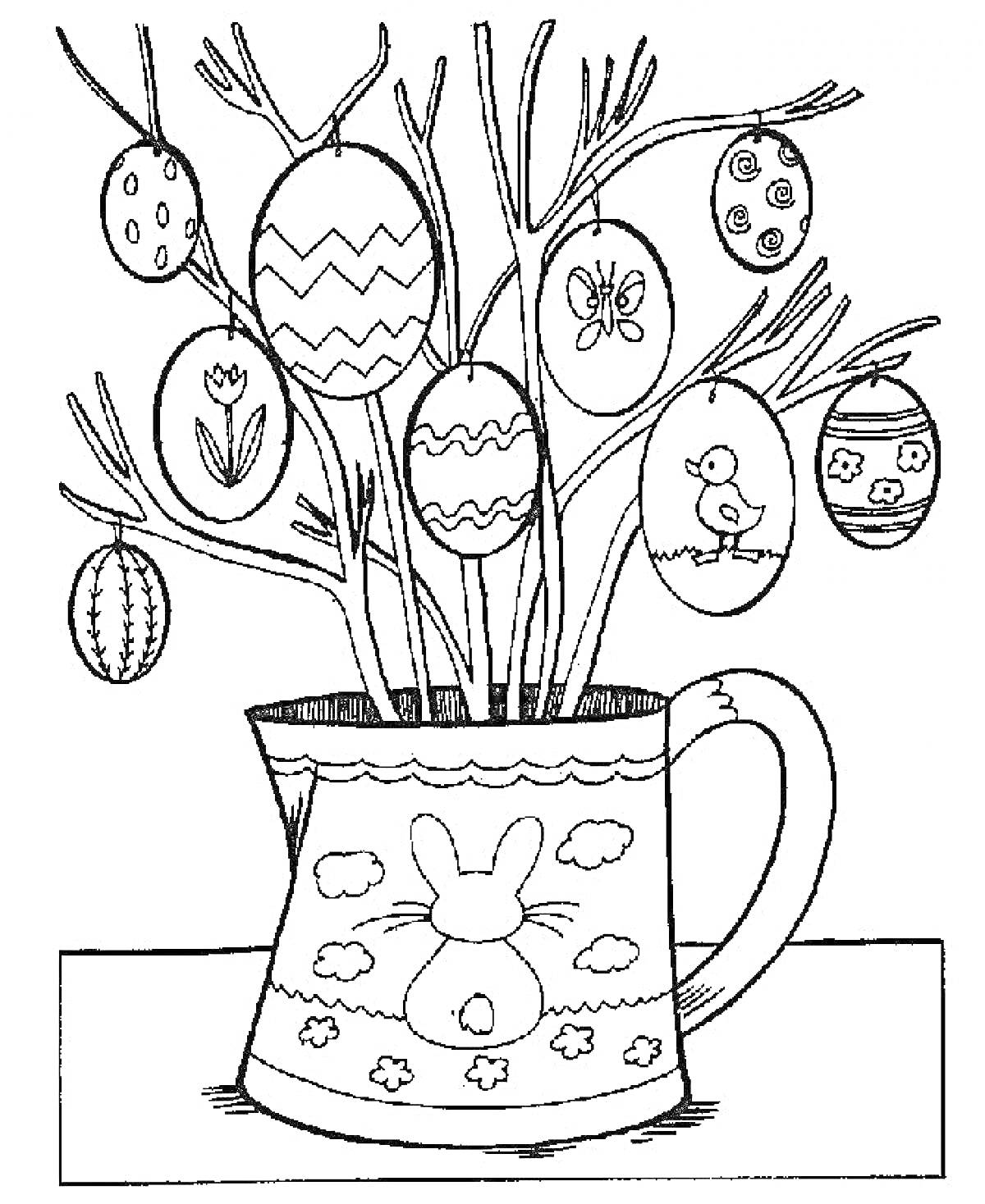 Раскраска Пасхальные яйца на ветках в кувшине с рисунком зайца