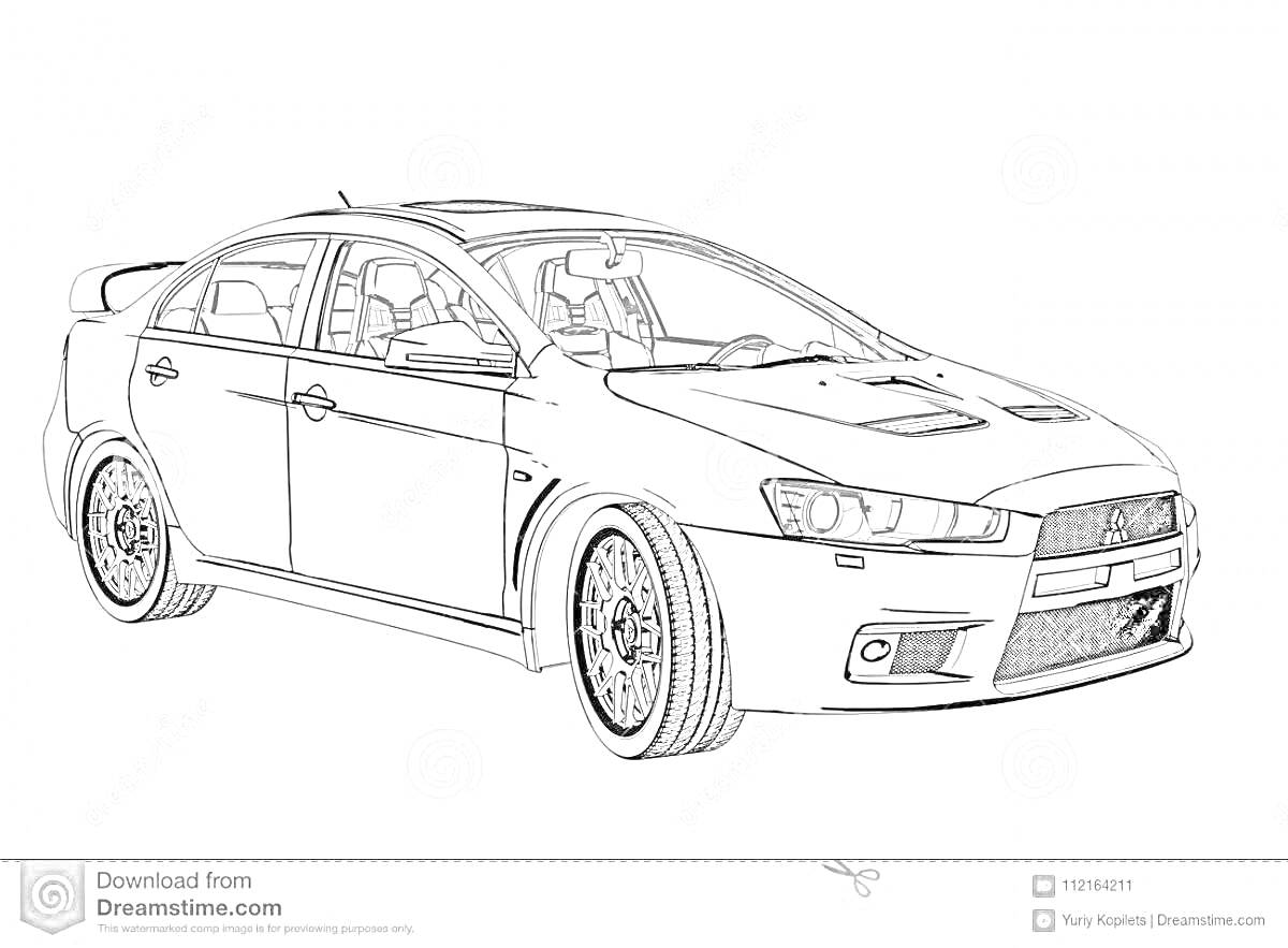 Раскраска Раскраска автомобиля Mitsubishi Lancer в профиль с деталями кузова и колес