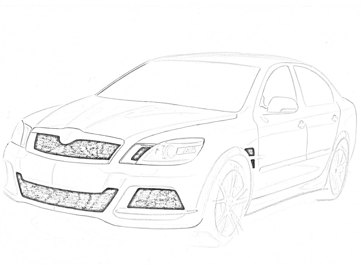 Раскраска Шкода Октавия, передняя часть автомобиля, вид спереди, четыре двери, боковые зеркала, передние фары, передний бампер, колёса
