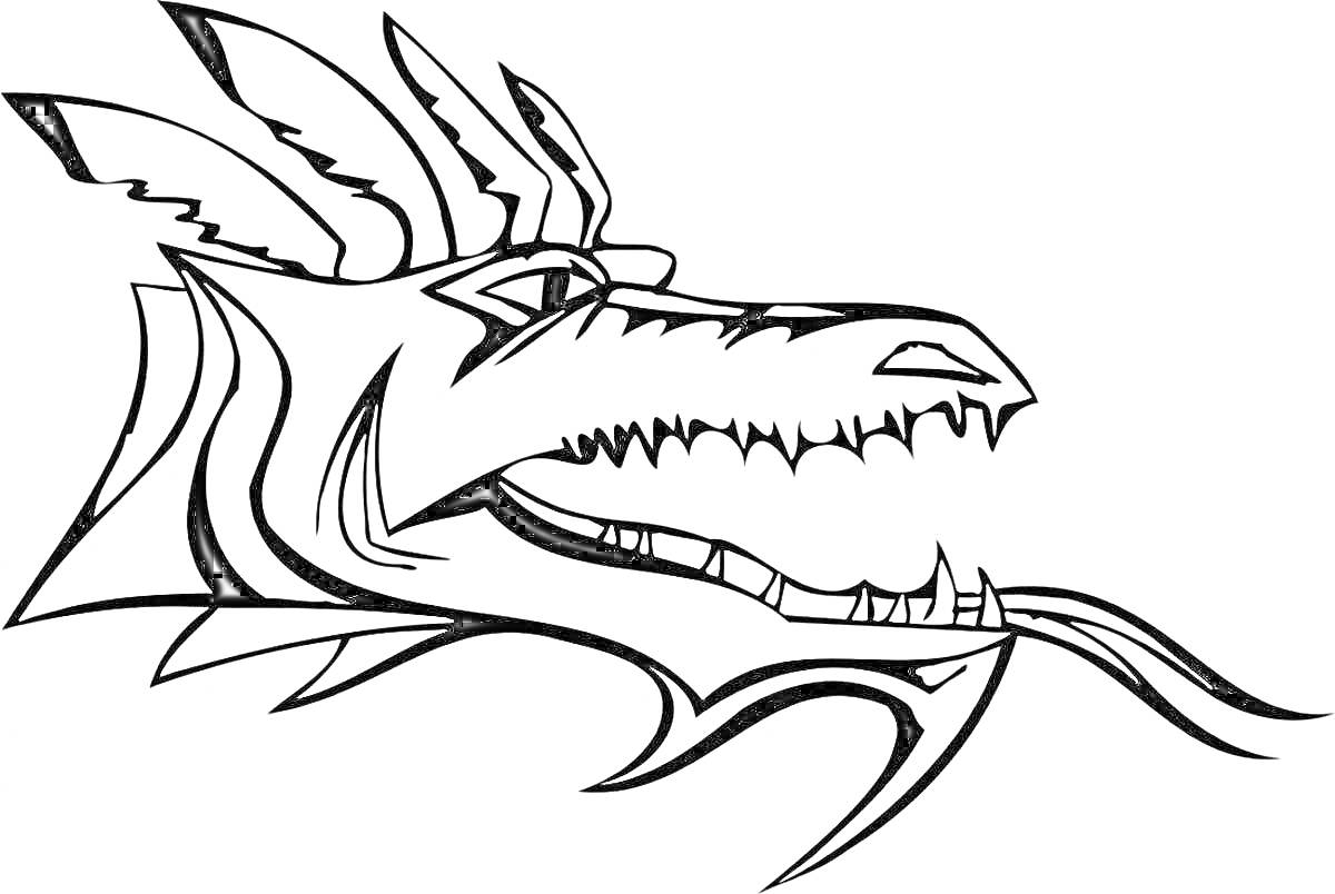Раскраска Контур головы дракона с рогами и зубами, открытая пасть с зубами, длинный раздвоенный язык