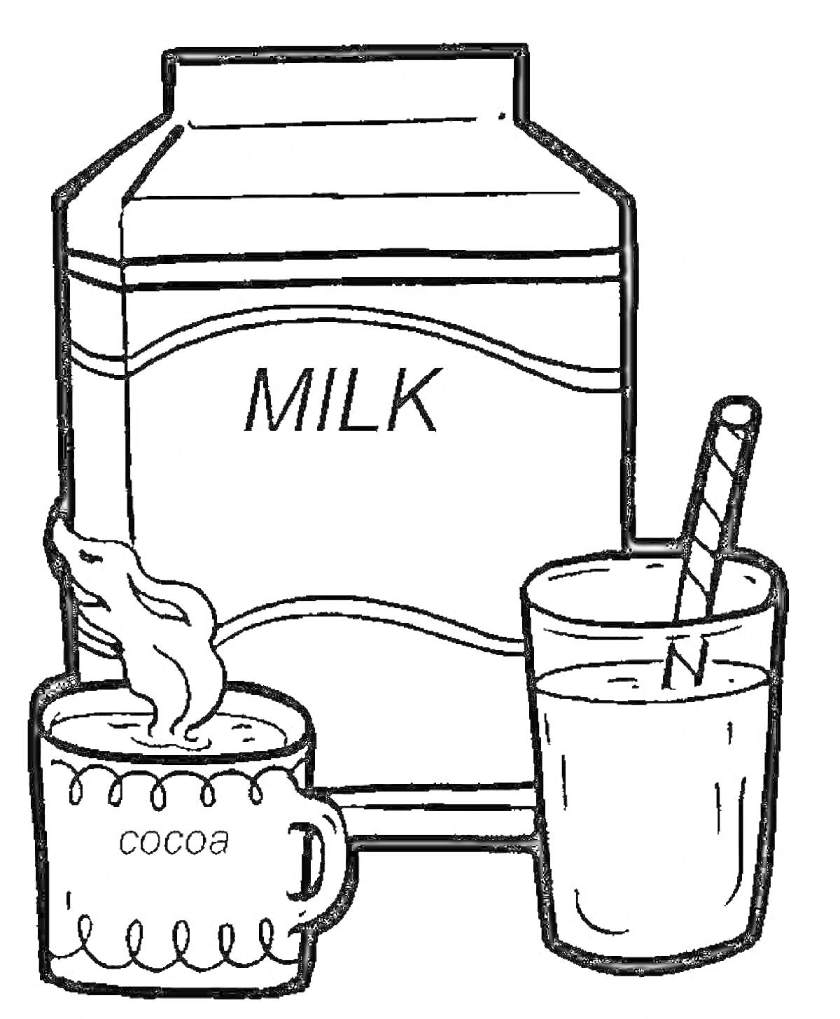 Раскраска Пачка молока, чашка с какао и стакан молока с трубочкой