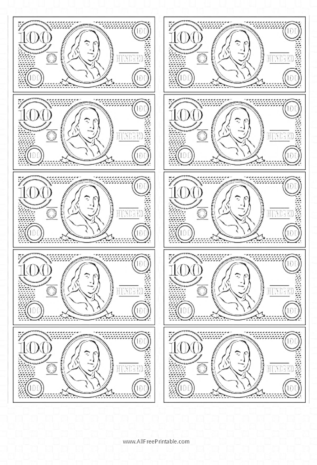 Раскраска с изображением 10 банкнот по 100 долларов США с портретом мужчины, цифрами и символами