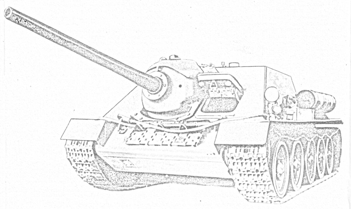 На раскраске изображено: Су-152, Танк, Военная техника, Гусеницы, Оружие, Длинный ствол