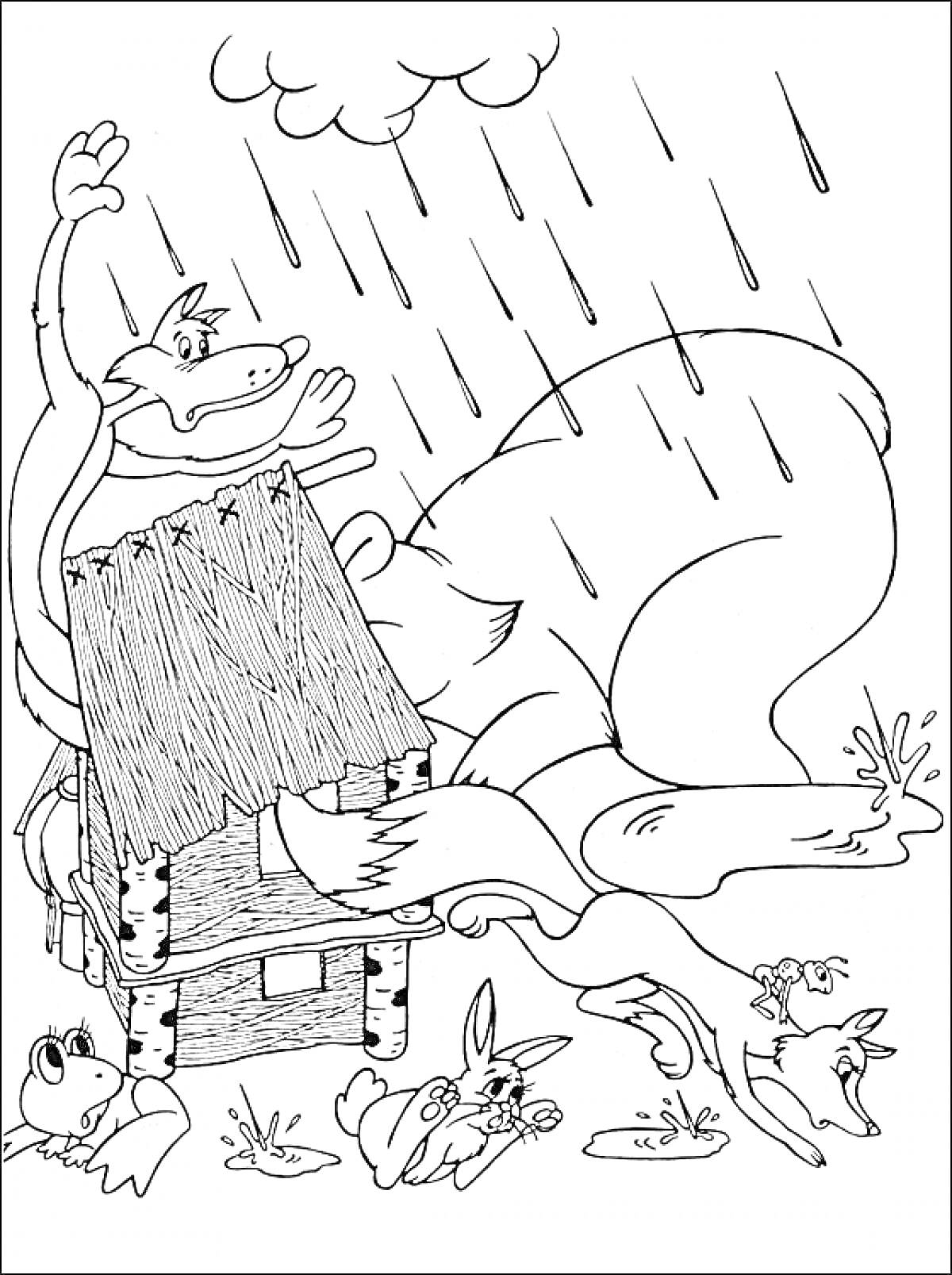 На раскраске изображено: Теремок, Медведь, Лиса, Заяц, Мышь, Дождь, Домик, Крыша, Лес, Бревно, Лягушки, Разрушения, Спасатели