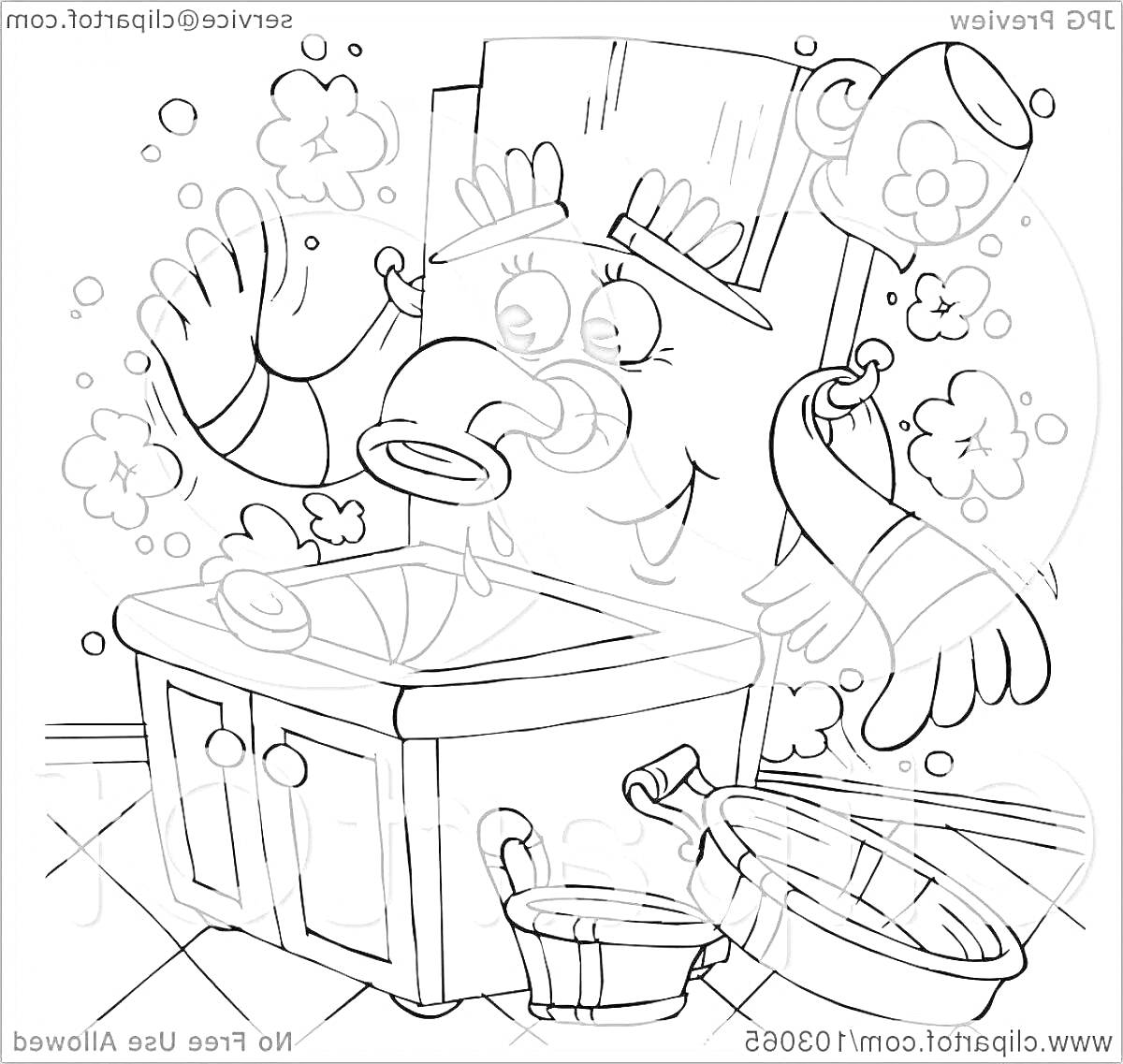 На раскраске изображено: Мойдодыр, 3-4 года, Раковина, Полотенце, Губка, Мыльные пузыри