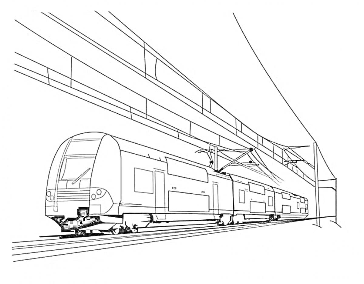 На раскраске изображено: Метро, Поезд, Эстакада, Рельсы, Транспорт, Инфраструктура, Арка, Набросок