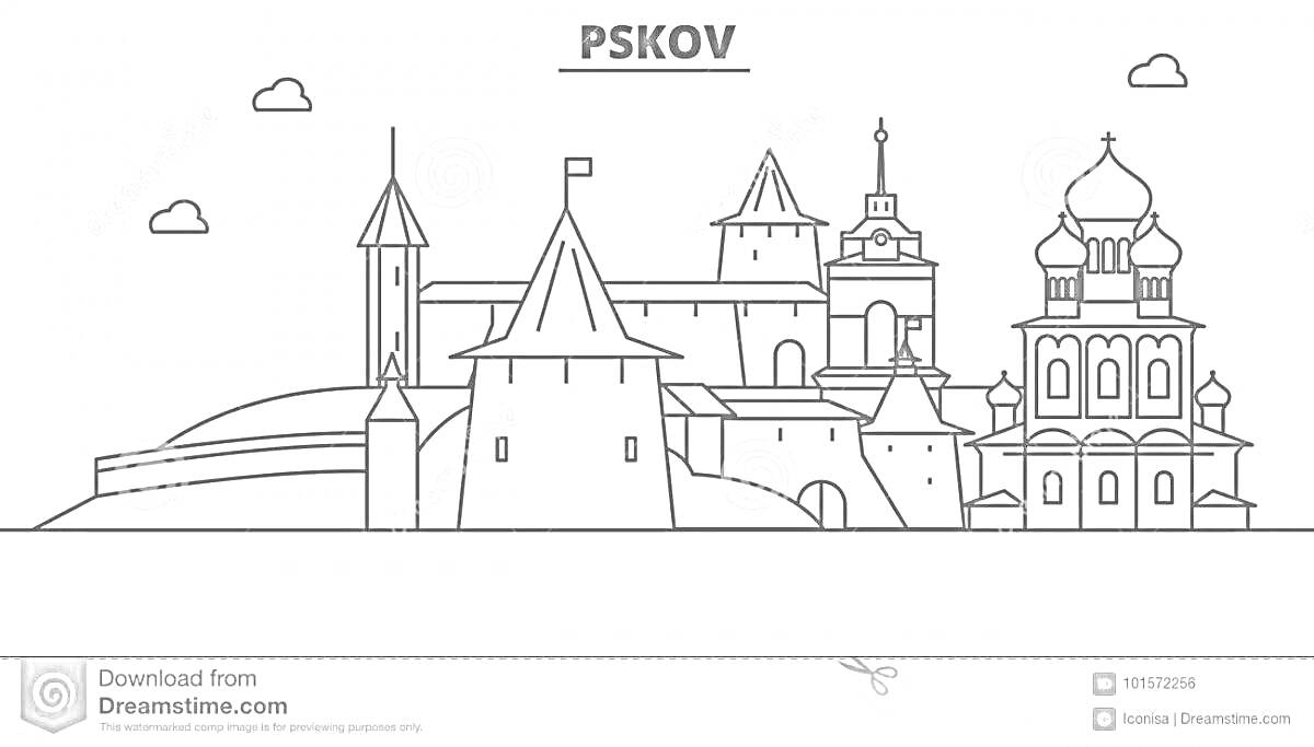 На раскраске изображено: Кремль, Башни, Храм, Облака, Архитектура, Россия