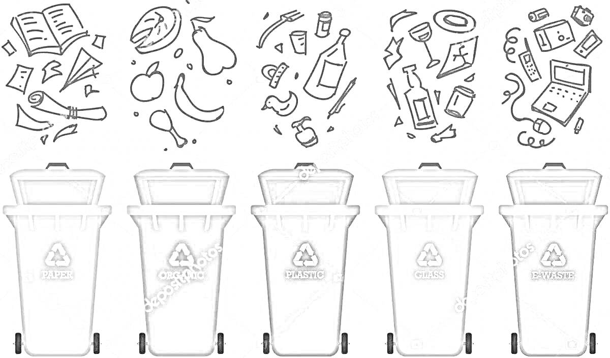 Раскраска Мусорные баки для раздельного сбора мусора с соответствующим типом отходов: бумага, органика, пластик, стекло, электроприборы