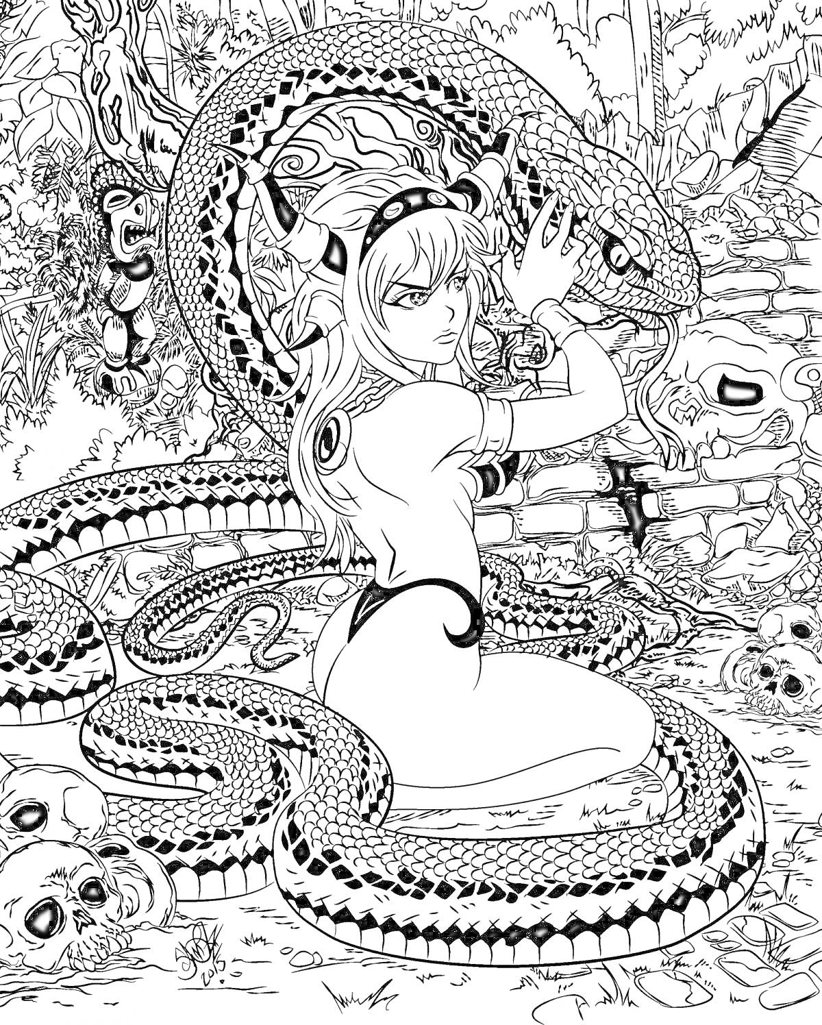 Раскраска Девушка с рогами, обнимающая большого змея в тропическом лесу со множеством черепов на земле, птица на заднем плане