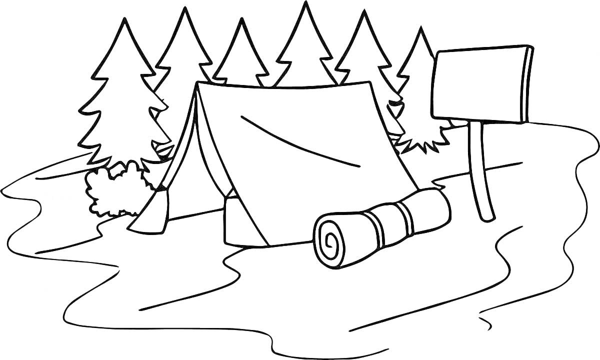 Раскраска Палатка, коврик, знаки и деревья в лесу