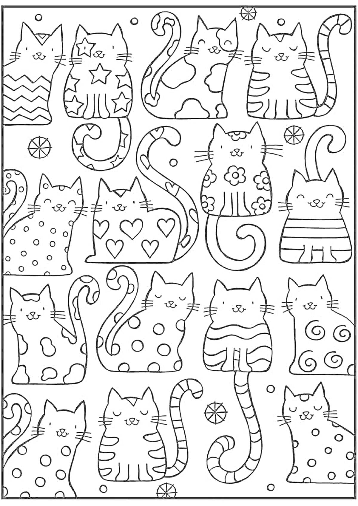 Раскраска Коты с длинными хвостами и различными узорами, окруженные маленькими мячиками