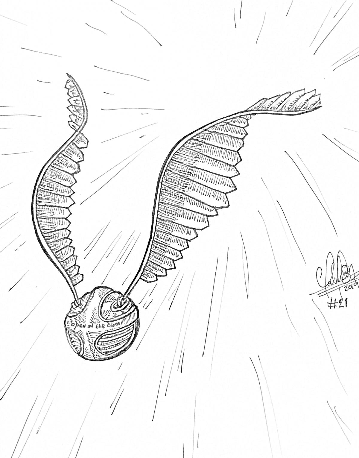 Раскраска Снитч с раскрытыми крыльями, окружённый линиями движения