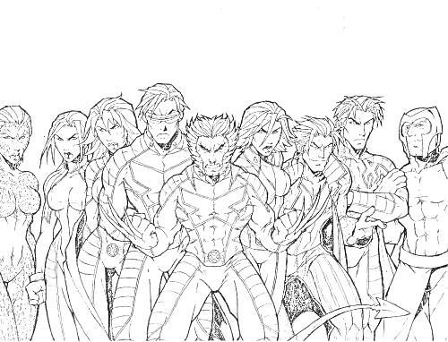 Раскраска Группа Люди Икс в боевой готовности, восемь персонажей в костюмах, стоящие в ряд