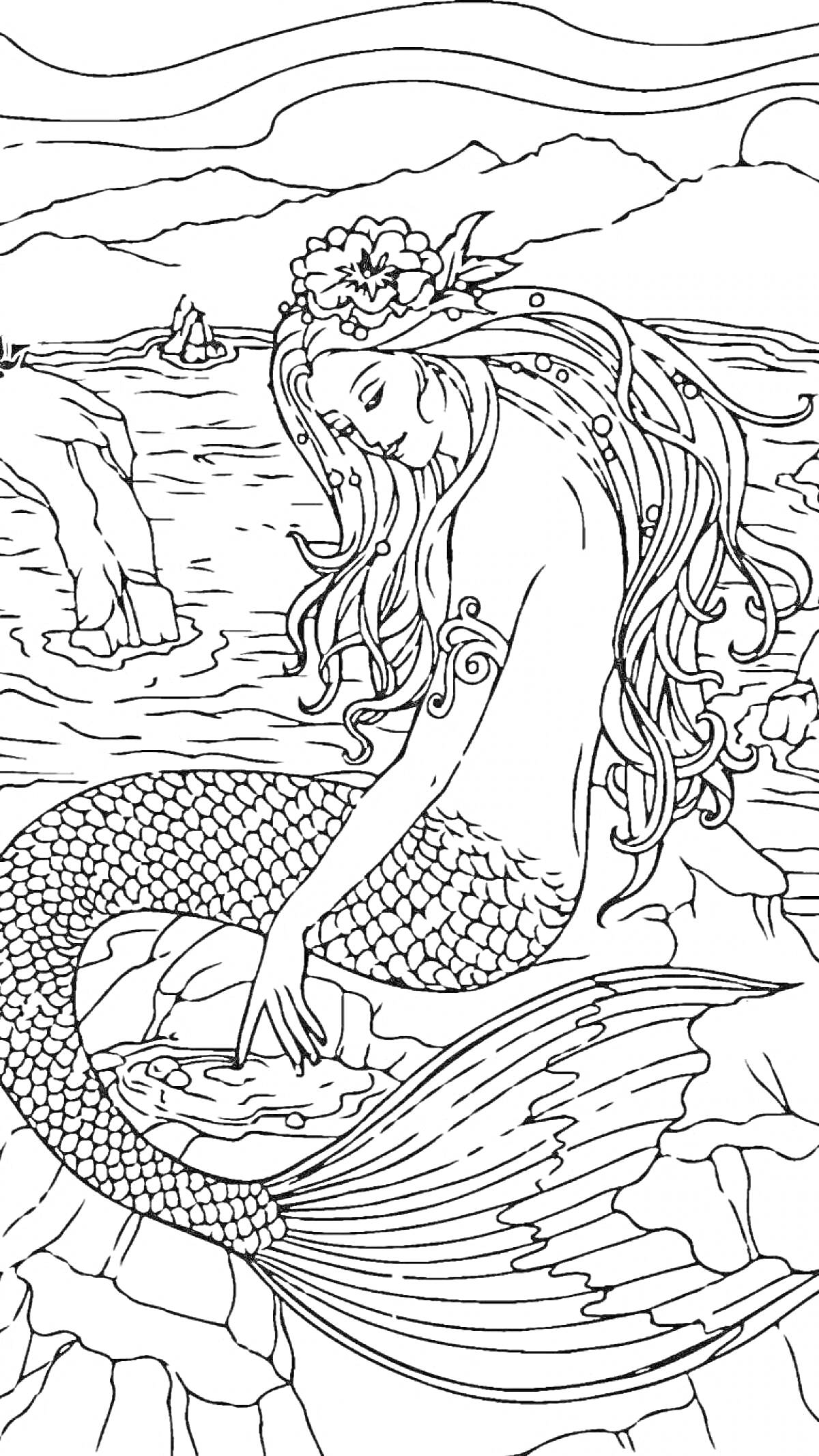Раскраска русалка на скале с длинными волосами, рифы на фоне, цветы в волосах, лодка и закат на дальнем плане