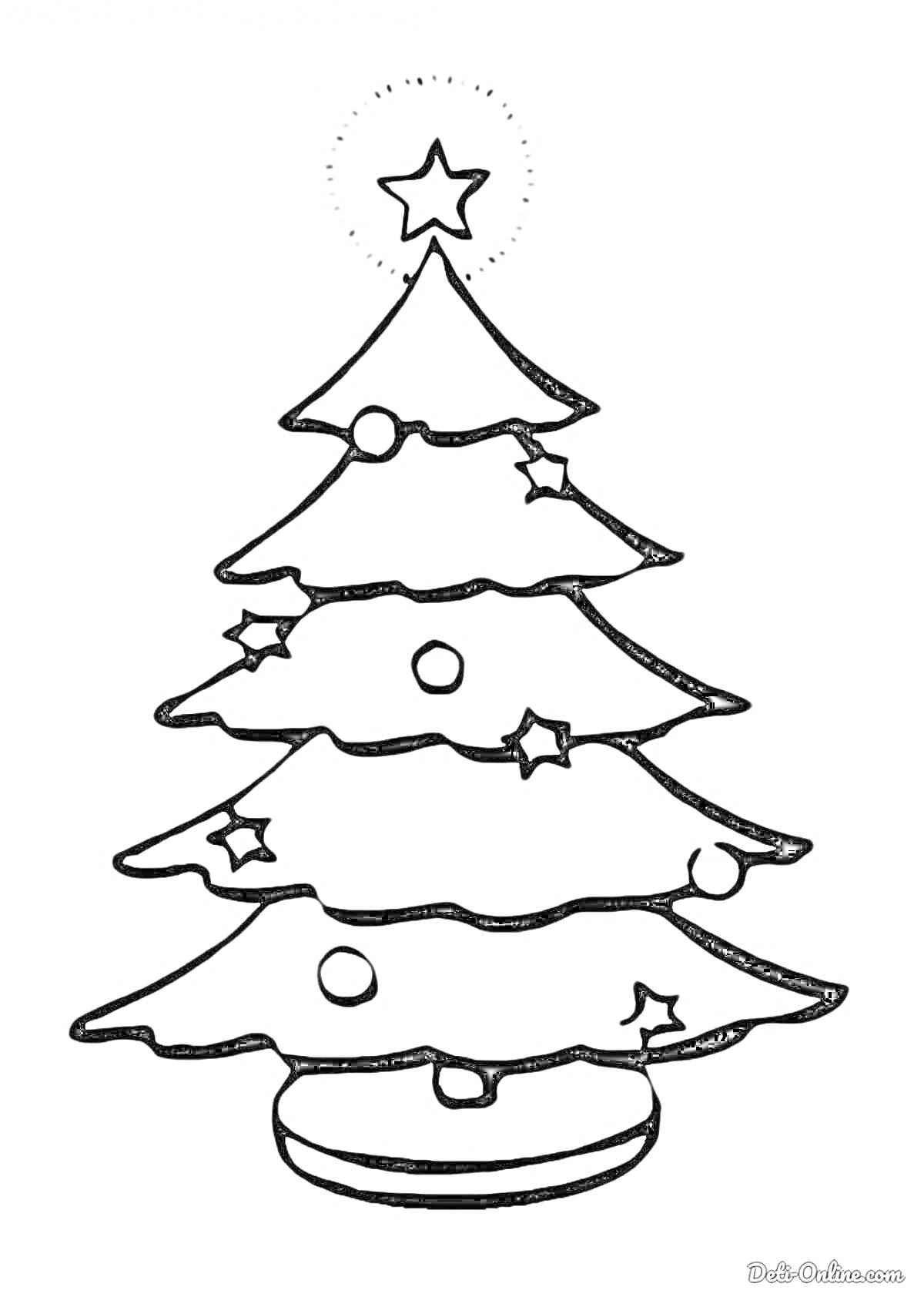 На раскраске изображено: Новогодняя елка, Звезды, Шары, Новогодний декор, Рождество