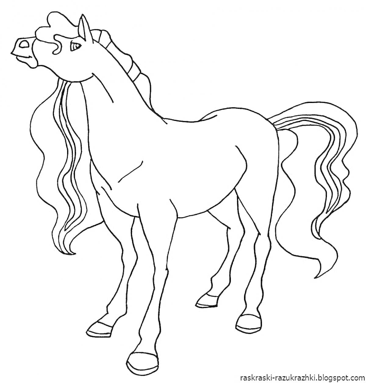 Раскраска Лошадка с длинной гривой и хвостом, смотрящая в сторону